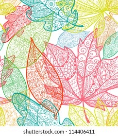 Doodle textured leaves seamless pattern.