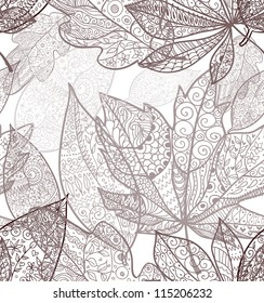 Doodle textured leaves seamless pattern.