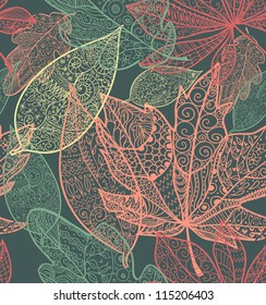 Doodle textured leaves seamless pattern.