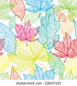 Doodle textured leaves seamless pattern.