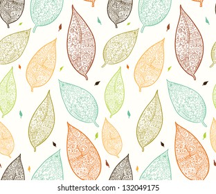 Doodle textured leaves seamless pattern.