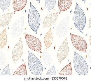 Doodle textured leaves seamless pattern.