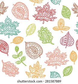 Doodle textured leaves seamless pattern