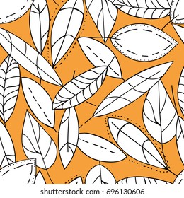 Doodle textured leaves seamless pattern. Hand drawn leaves seamless pattern. Autumn white leaf on orange background. Simple floral vector background.