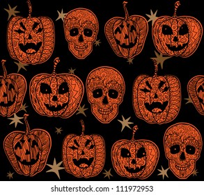 Doodle textured pumpkins seamless pattern.