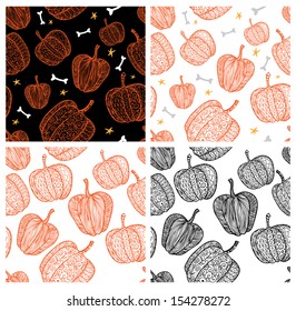 Doodle textured pumpkins seamless patterns set.