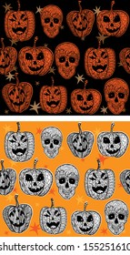 Doodle textured pumpkins seamless patterns set.