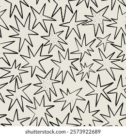 Doodle Textured Star Seamless Pattern. Handmade Decorative Crayon Starburst Wallpaper. Vector Repeat Childish Background. Stylyzed Universe Surface Design