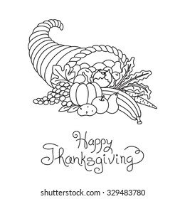 Doodle Thanksgiving Cornucopia Freehand Vector Drawing Isolated.