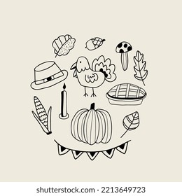 Doodle Thanksgiving day elements. Flat vector illustration