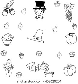 Doodle thanksgiving element vector on white backgrounds