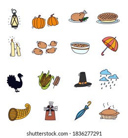 Doodle thanksgiving illustration style, set in icon compilation. Ready to use for print, website.