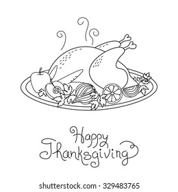 Doodle Thanksgiving Turkey Meal Freehand Vector Drawing Isolated 