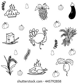 Doodle Thanksgiving turkey and vegetable vector art