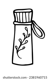 Botella Doodle Thermos para caminatas, camping, amantes del café. Dibujo de línea simple.Ilustración vectorial de doodle de moda. Logo o icono prefabricado. Aislado sobre fondo blanco.