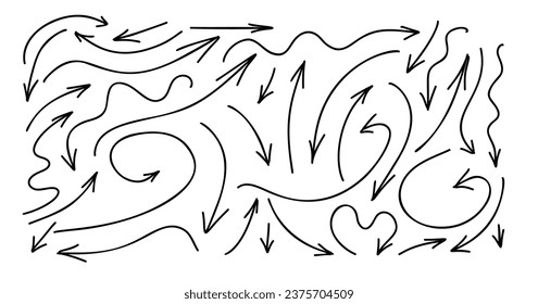 Doodle thin arrows spiral. Hand drawn thin line arrows set. Vector curvy and wavy arrows isolated on white background