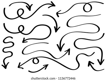 Doodle thin hand drawn vector arrows set. Isolated on white background