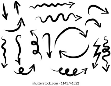Doodle thin hand drawn vector arrows set. Isolated on white background
