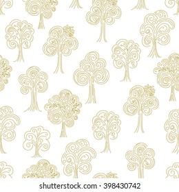 Doodle thin line forest seamless pattern. Vector illustration.