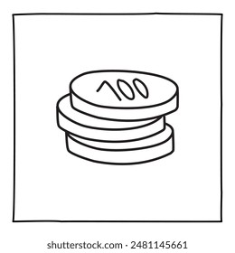 Doodle estilo de línea delgada icono de pila de monedas. Dar dinero, recibir pagos, concepto de compra. Ilustración vectorial aislada sobre fondo blanco