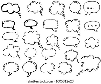 Doodle thinking clouds, chat cartoon bubbles. Hand drawn set.