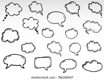 Doodle Thinking Clouds, Chat Cartoon Bubbles. Hand Drawn Set.