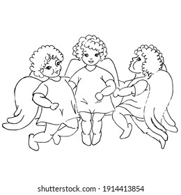 Doodle three baby angels on a white background. Vector composition can be used for religious designs, children's coloring books, books, textiles.