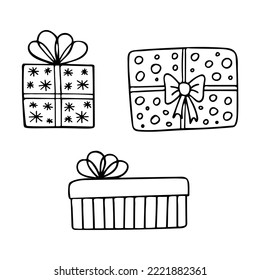 Doodle von drei Geschenkbox einzeln auf weißem Hintergrund. Vektorgrafik von Geschenken zum Geburtstag, Neujahr, Weihnachten und anderen Feiertagen. Element Urlaubsplanung.