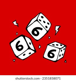 Doodle Three Withe dice with 666 angel numbers and red color background. three white dice tatto design etc.