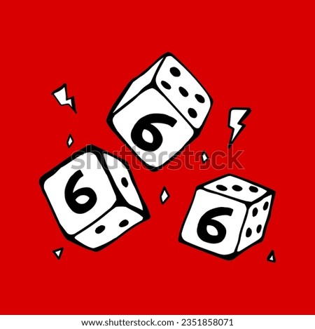 Doodle Three Withe dice with 666 angel numbers and red color background. three white dice tatto design etc.