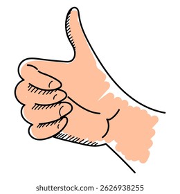 Doodle thumb up vector isolated. Palm of hand showing thumb up, concept of success. Like button.