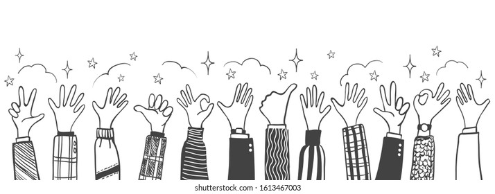 Doodle thumbs up hands. Applause and cheers teamwork vector illustration, happy people celebration hands sketch