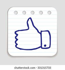 Doodle Thumbs Up icon. Blue pen hand drawn infographic symbol on a piece of notepaper. Line art style graphic design element. Web button with shadow. Approval, vote, love, favorite gesture concept. 