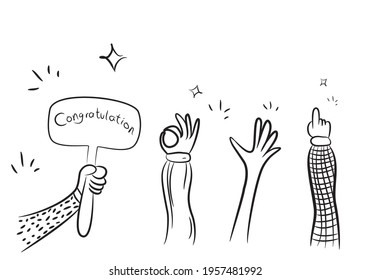 Doodle thumbs up. Applause and cheer congratulations, teamwork vector illustration, hand sketch of happy people celebration
