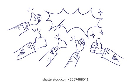 Doodle thumbs up, applause. Hands up gesture on doodle style. vector illustration