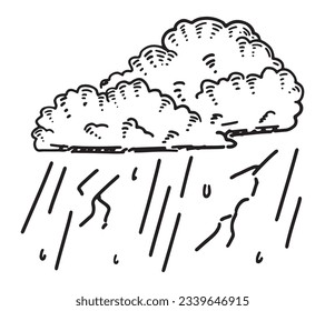 Doodle of thunder clouds with lightning and rain. Outline drawing of rainy weather symbol. Hand drawn vector illustration. Single clipart isolated on white background..