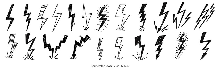 Doodle Donner Blitzschlag Sturm Energie Skizze Kritzelsatz handgezeichnete einfache Linienelemente für Scrapbook, Mark, Notebook.