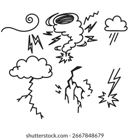doodle thunder and rain in scribble sketch style