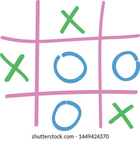 doodle tic tac toe game with cross and circle icon, kids hand drawing image, line art, vector illustration