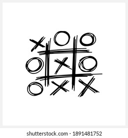Doodle tic tac toe game with cross and circle icon isolated on white. Hand drawing line art. Vector stock illustration. EPS 10