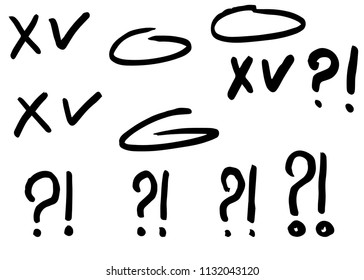 Doodle Tick, Cross, Exclamation And Question Marks, Hand Drawn, Vector, Isolated