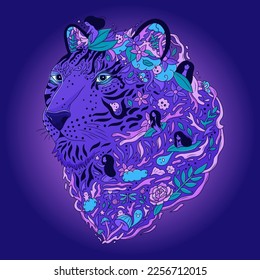 Doodle tiger portrait with flowers, mushrooms and fairies. Hand drawn decorative elements. Psychedelic style. Design for T-shirt, posters and cards. Vibrant vector illustration.