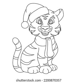 doodle tiger in santa claus christmas hat, hand drawing, line 