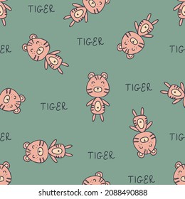 Doodle tiger seamless pattern with inscription. Perfect for T-shirt, textile and print. Hand drawn vector illustration for decor and design.

