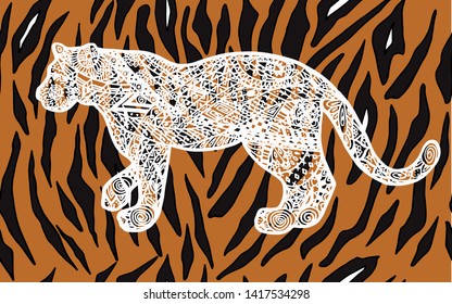 Doodle tiger white tiger skin background brown fur with black stripes symbol art vector seamless pattern
