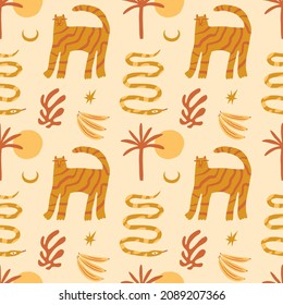 Doodle tigers childish cartoon groovy boho illustration naive funky handdrawn style art seamless pattern vector