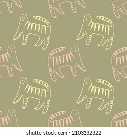 Doodle tigers childish cartoon groovy boho illustration naive funky handdrawn style art seamless pattern vector