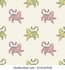 Doodle tigers childish cartoon groovy boho illustration naive funky handdrawn style art seamless pattern vector