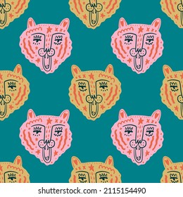 Doodle tigers faces childish cartoon groovy boho seamless pattern vector drawing 