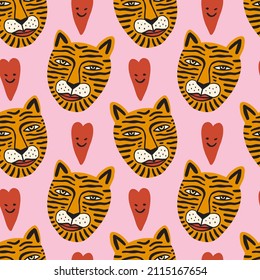 Doodle tigers faces childish cartoon groovy boho seamless pattern vector drawing 